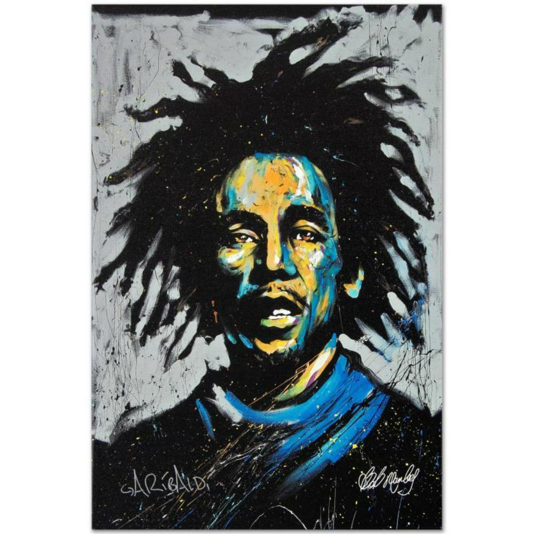 "Bob Marley (Redemption)" Limited Edition Giclee on: Combining his passions for music and art, David Garibaldi creates stunning visual poetry. "Bob Marley (Redemption)" is a limited edition giclee on stretched canvas, numbered from the miniature series