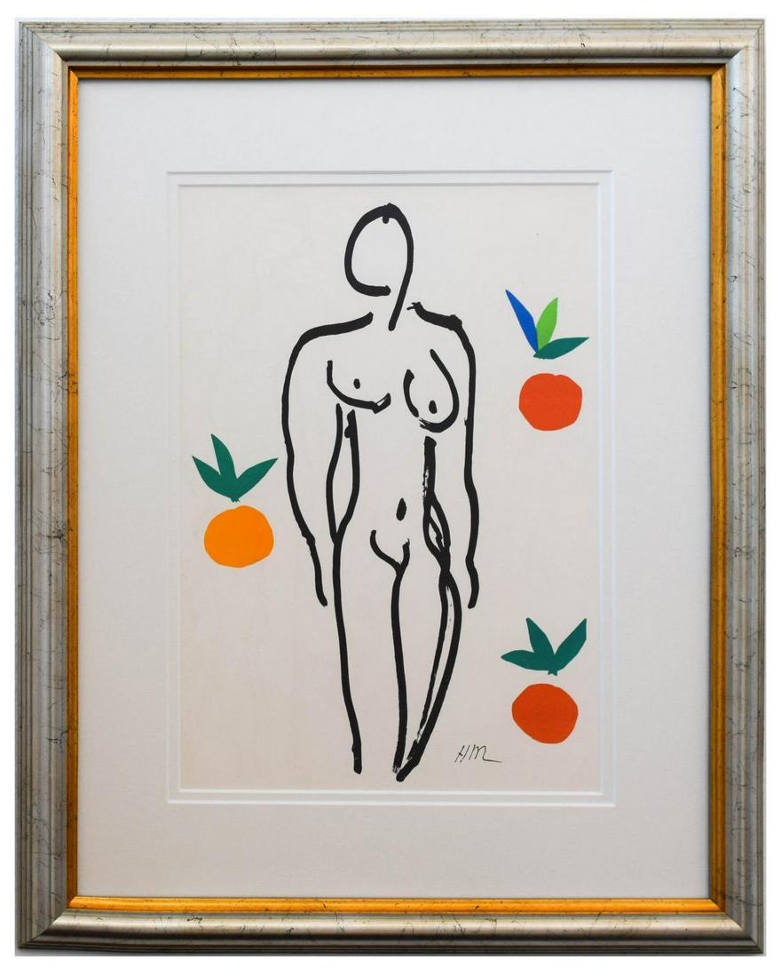 Henri Matisse- Lithograph "Verve - Nu aux oranges": Artist: Henri Matisse. Medium: Lithograph. Title: Verve - Nu aux oranges. Size (Unframed): 14" x 10". Size (Framed): 20" x 16". Certificate of Authenticity: Is included. Additional: Year : 1958. Refer