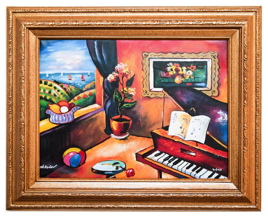 Oleg Nikulov- Original Giclee on Canvas "Piano with: Artist: Oleg Nikulov. Medium: Original Giclee on Canvas. Title: Piano with Countryside View. Size (Unframed): 12" x 16". Size (Framed): 17.5" x 21.5". Limited Edition: Edition of 195. Certificate of A