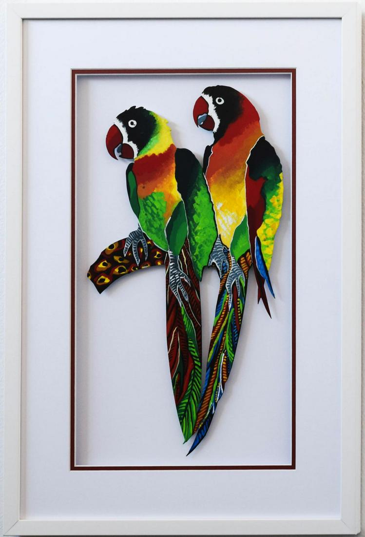 Patricia Govezensky- Original Painting on Laser Cut: Artist: Patricia Govezensky. Medium: Original Painting on Laser Cut Steel. Title: Two Parrots XV. Size (Unframed): 18.1" x 10". Size (Framed): 25" x 17". Certificate of Authenticity: From the publishe