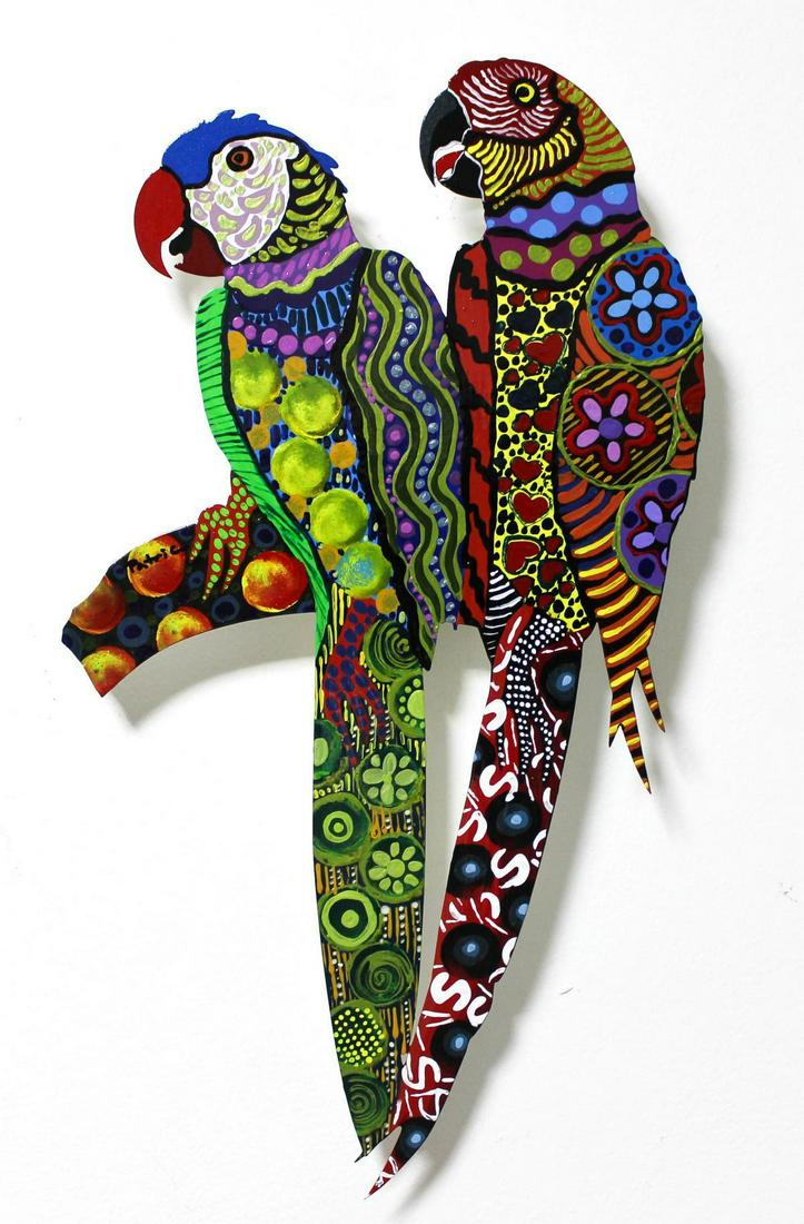 Patricia Govezensky- Original Painting on Laser Cut: Artist: Patricia Govezensky. Medium: Original Painting on Laser Cut Steel. Title: Two Parrots VII. Size (Unframed): 18" x 10". Certificate of Authenticity: From the publisher. Reference# 11918.