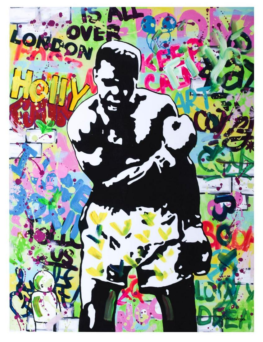 Nastya Rovenskaya- Mixed Media "Muhammad Ali": Artist: Nastya Rovenskaya. Medium: Mixed Media. Title: Muhammad Ali. Size (Unframed): 40" x 30". Certificate of Authenticity: From the publisher. Additional: Original one of a kind. Unframed. Referenc