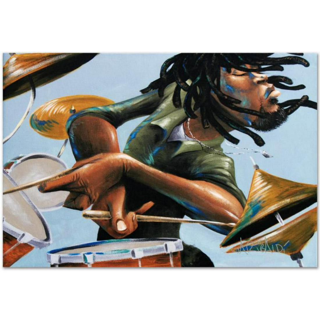 "Dreads And Drums" Limited Edition Giclee on Canvas by: Combining his passions for music and art, David Garibaldi creates visual poetry. "Dreads And Drums" is a limited edition giclee on stretched canvas, CC numbered from the miniature series and bearing t