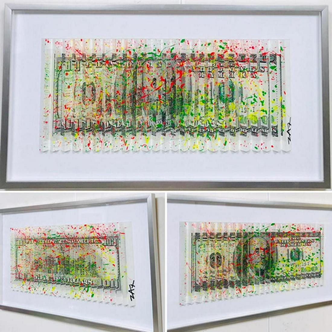 E.M. Zax Original One of a Kind Polymorph: Artist: E.M. Zax. Medium: Original One of a Kind Polymorph. Title: "$100". Image changes when viewed from left to right. LEFT VEIW -front of the hundred dollar bill . RIGHT VEIW - verso of the hundred