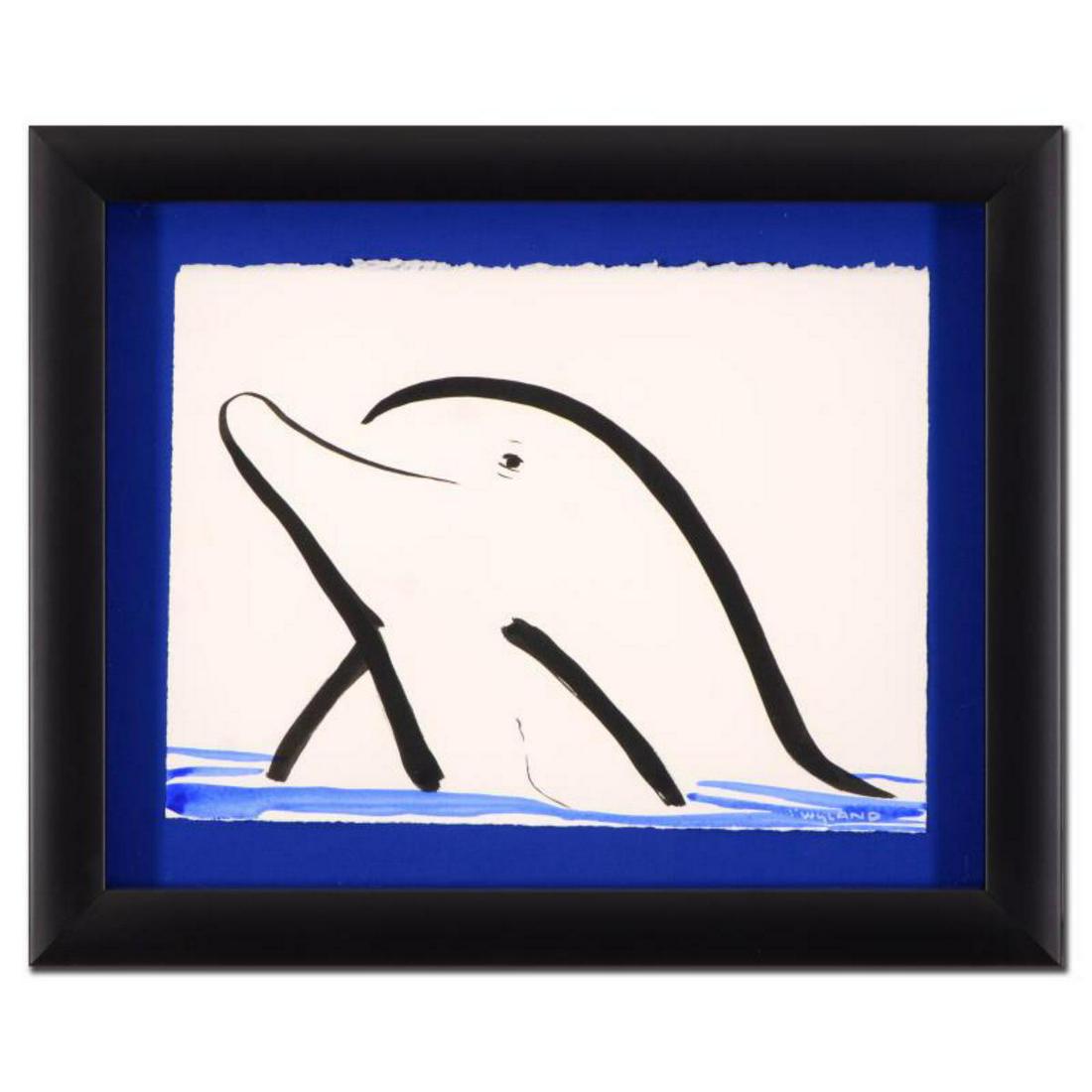 Wyland, "Dolphin" Framed Original Sumi Ink and: "Dolphin" is an original sumi ink and watercolor painting on deckle-edge paper by Wyland, hand signed by the artist. This piece is custom framed. Includes Certificate of Authenticity. Measures approx.