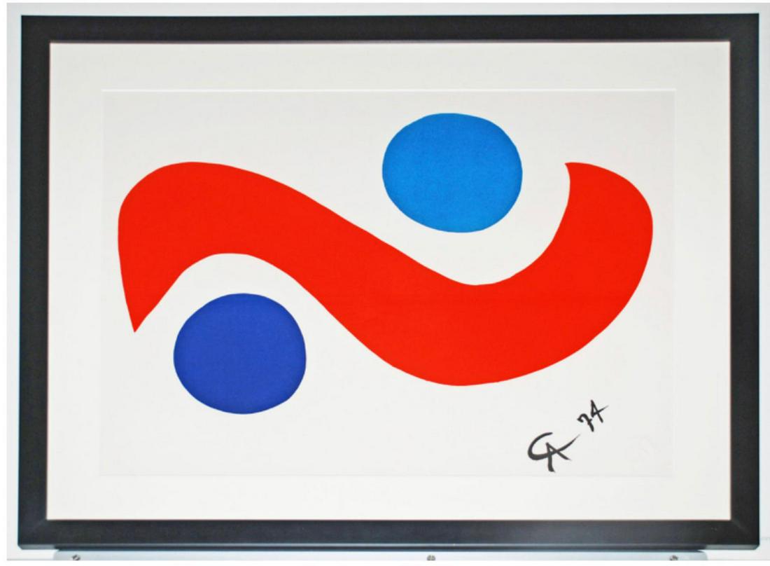 Alexander Calder Skybird Original lithograph: Artist: Alexander Calder Medium: Original lithograph Title: Skybird Portfolio: Flying Colors Year: 1974 Framed Size: 30" x 36" (76 x 91.4 cm) Image Size: 20" x 26" (50.8 x 66 cm) Sheet Size: 20" x 26"