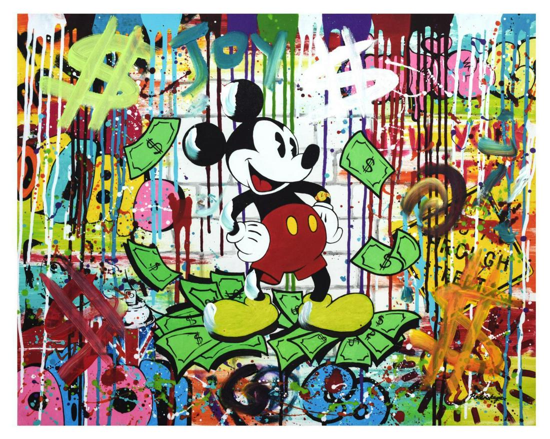 Nastya Rovenskaya- Mixed Media "Mr. Dollar Bill": Artist: Nastya Rovenskaya. Medium: Mixed Media. Title: Mr. Dollar Bill. Size (Unframed): 24" x 30". Certificate of Authenticity: From the publisher. Additional: Original one of a kind. Unframed. Refer