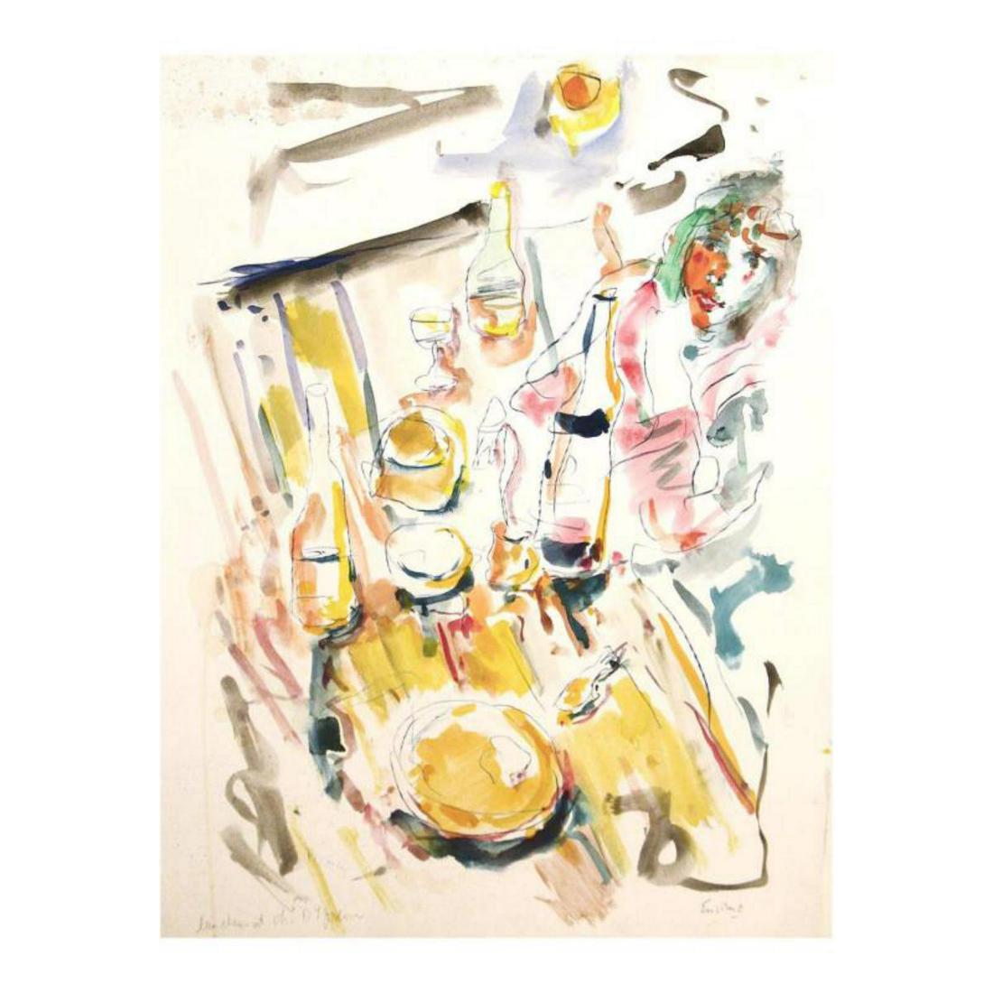 Wayne Ensrud "Luncheon at Chateau D'Yquem" Mixed Media: "Luncheon at Chateau D'Yquem" is an original Mixed Media on Paper by Wayne Ensrud. The piece is hand signed by the artist and comes with a Certificate of Authenticity. Measures approximately 30" x 22"