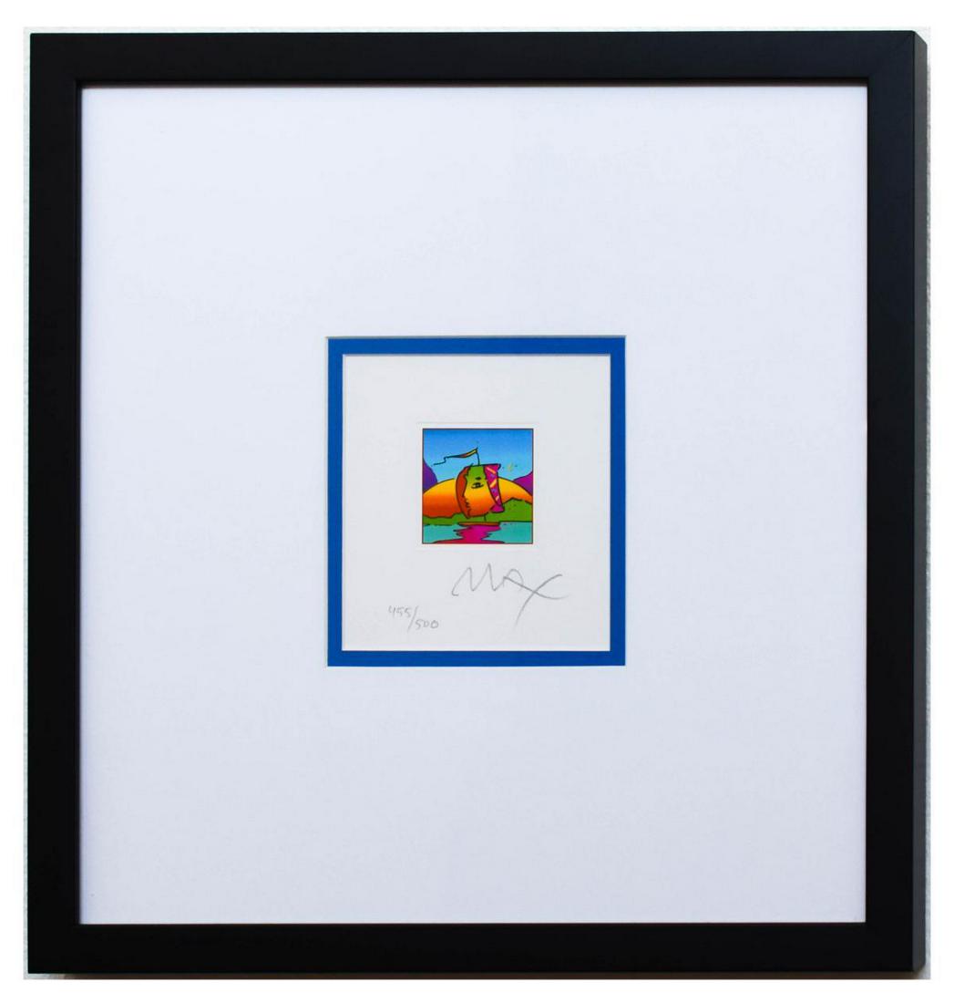 Peter Max- Original Lithograph "Sail Profile (mini)": Artist: Peter Max. Medium: Original Lithograph. Title: Sail Profile (mini). Size (Unframed): 5" x 5". Size (Framed): 15" x 14.5". Limited Edition: Numbered 455/500. Certificate of Authenticity: From P
