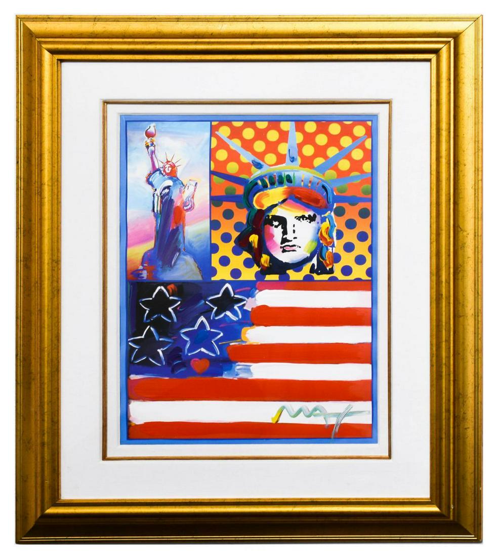 Peter Max- Original Mixed Media "God Bless America IV": Artist: Peter Max. Medium: Original Mixed Media. Title: God Bless America IV. Size (Unframed): 24" x 18". Size (Framed): 37.5" x 31.5". Certificate of Authenticity: Is included. Additional: Only one o
