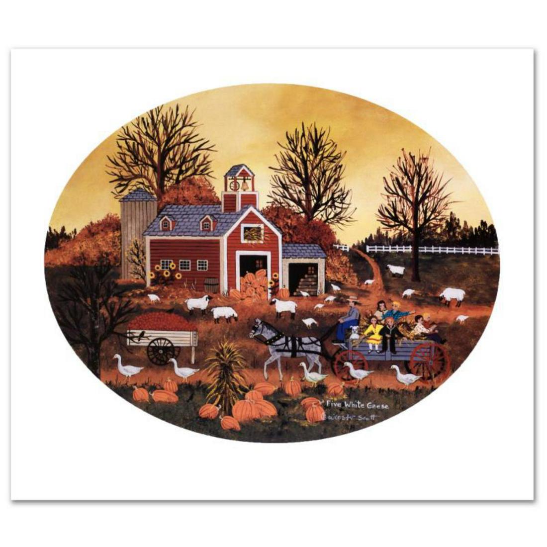 Jane Wooster Scott, "Five White Geese" Hand Signed: Cozy, down-home images of a bygone era when life was simpler - this is the feeling captured in the creations of one of the world's most recognized artists. "Five White Geese" is a limited edition lith