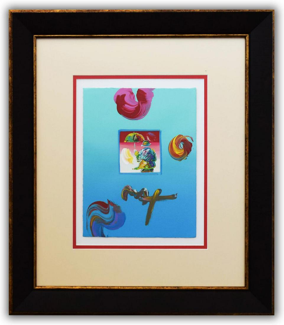 Peter Max- Original Mixed Media "Umbrella Man 2006 Ver.: Artist: Peter Max. Medium: Original Mixed Media. Title: Umbrella Man 2006 Ver. I#74. Size (Unframed): 11" x 8.5". Size (Framed): 22.5" x 20". Certificate of Authenticity: From Peter Max Studio. Additi