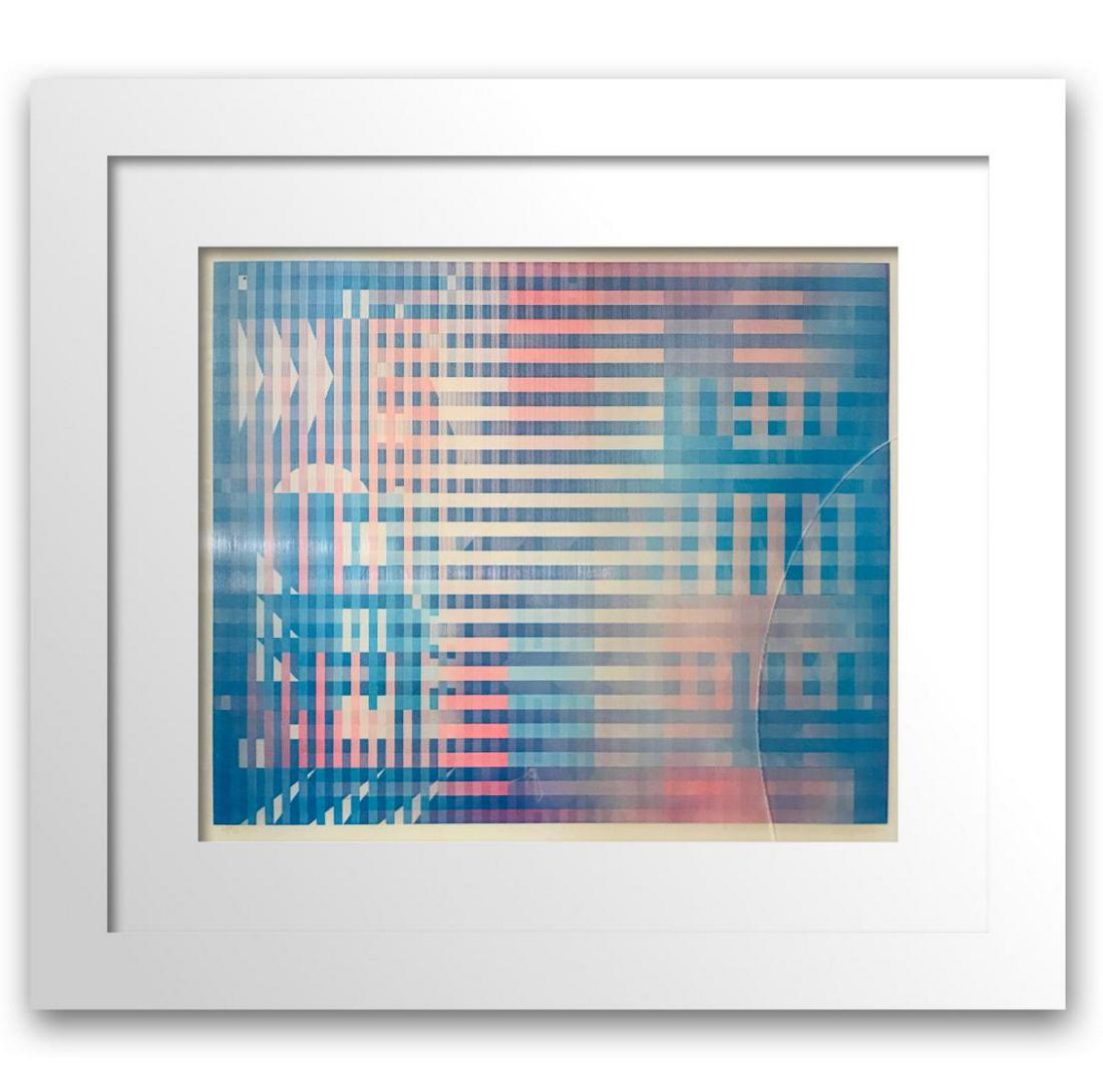 YAACOV AGAM HAND SIGNED AND NUMBERED AGAMOGRAPH: Artist: YAACOV AGAM. Medium: HAND SIGNED AND NUMBERED AGAMOGRAPH. IMAGE 14X18 INCHES. FRAMED 20X26 FRAMED. PLEASE NOTE THIS ITEM HAS CRACK ON LEFT CORNER - SOLD AS IS