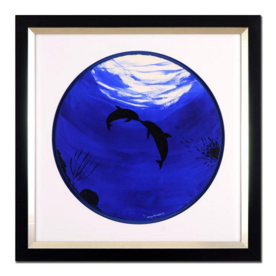 Wyland, "Two Dolphins" Framed Original Watercolor: "Two Dolphins" is an original watercolor painting on round cut deckle edge paper by Wyland, hand signed by the artist. This piece is custom framed. Includes Certificate of Authenticity. Measures appro