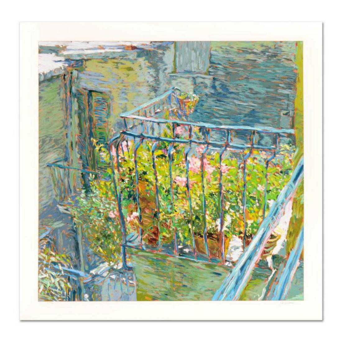 Marco Sassone, "Le Balcon Blueae" Limited Edition: "Le Balcon BlueÃ¥ÃŠ" is a limited edition serigraph on paper by Marco Sassone, numbered and hand signed by the artist. Includes Letter of Authenticity. Measures approx. 37" x 37" (border), 33" x 3