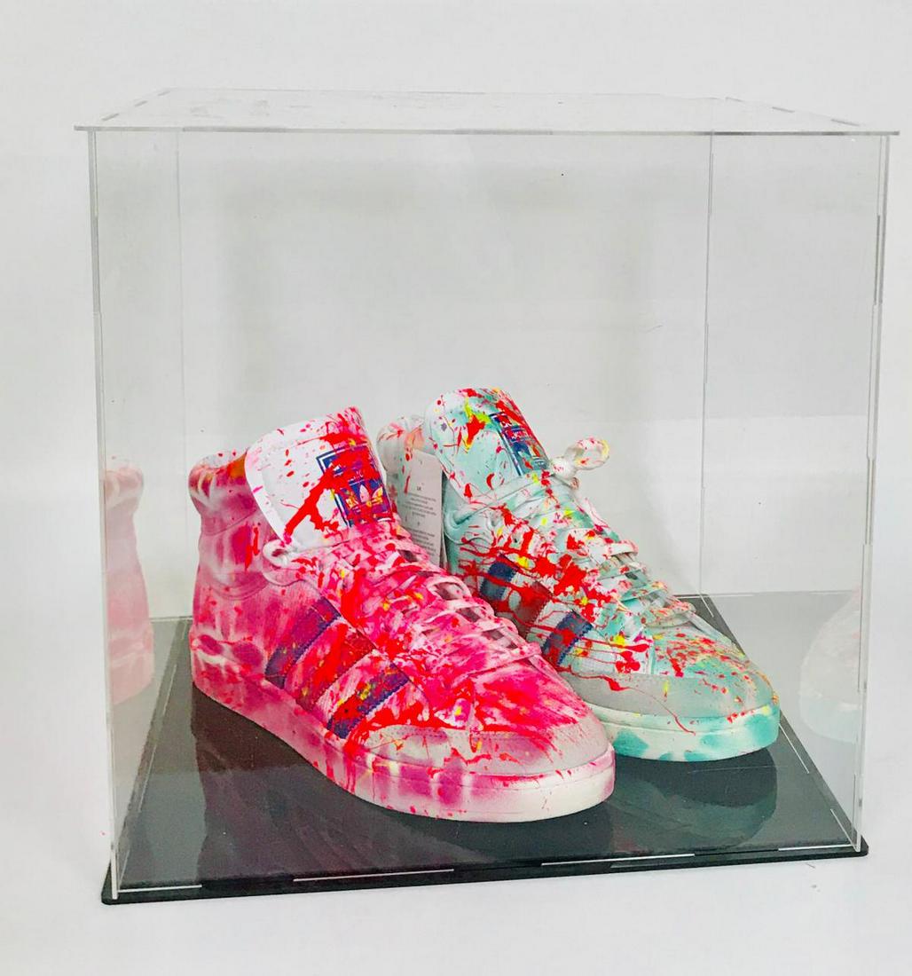 E.M. Zax Hand painted Adidas Shoes: E.M. Zax. Hand painted Adidas Shoes. Hand Signed in Lucite display case. 14x14x14 inches