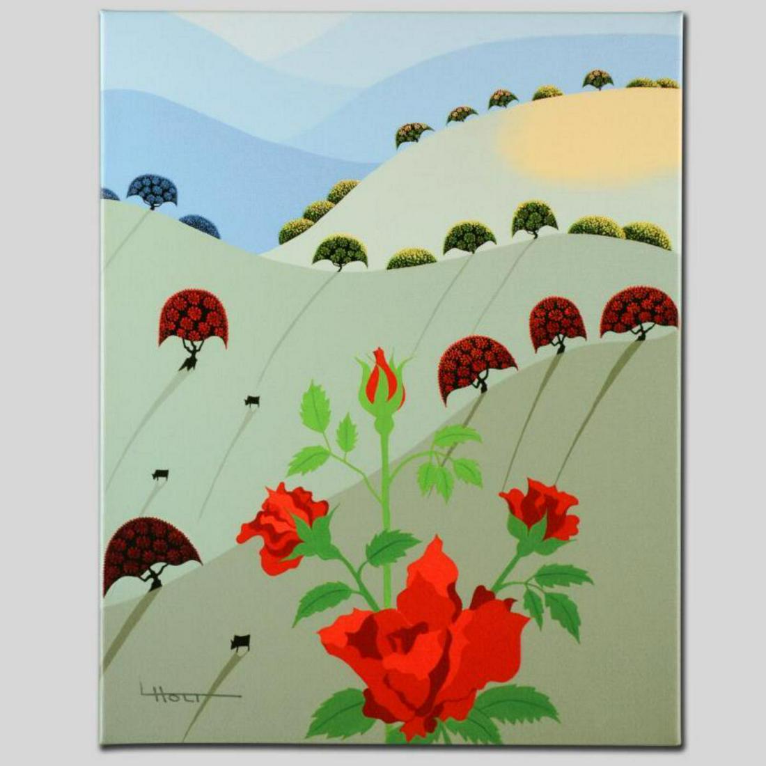 "Pushing Up Roses" Limited Edition Giclee on Canvas by: Larissa Holt, a student of distinguished artist Eyvind Earle(1916-2000), uses bold colors and breathtaking scenery to create images of Nature in her own unique style. "Pushing Up Roses" is a limited e