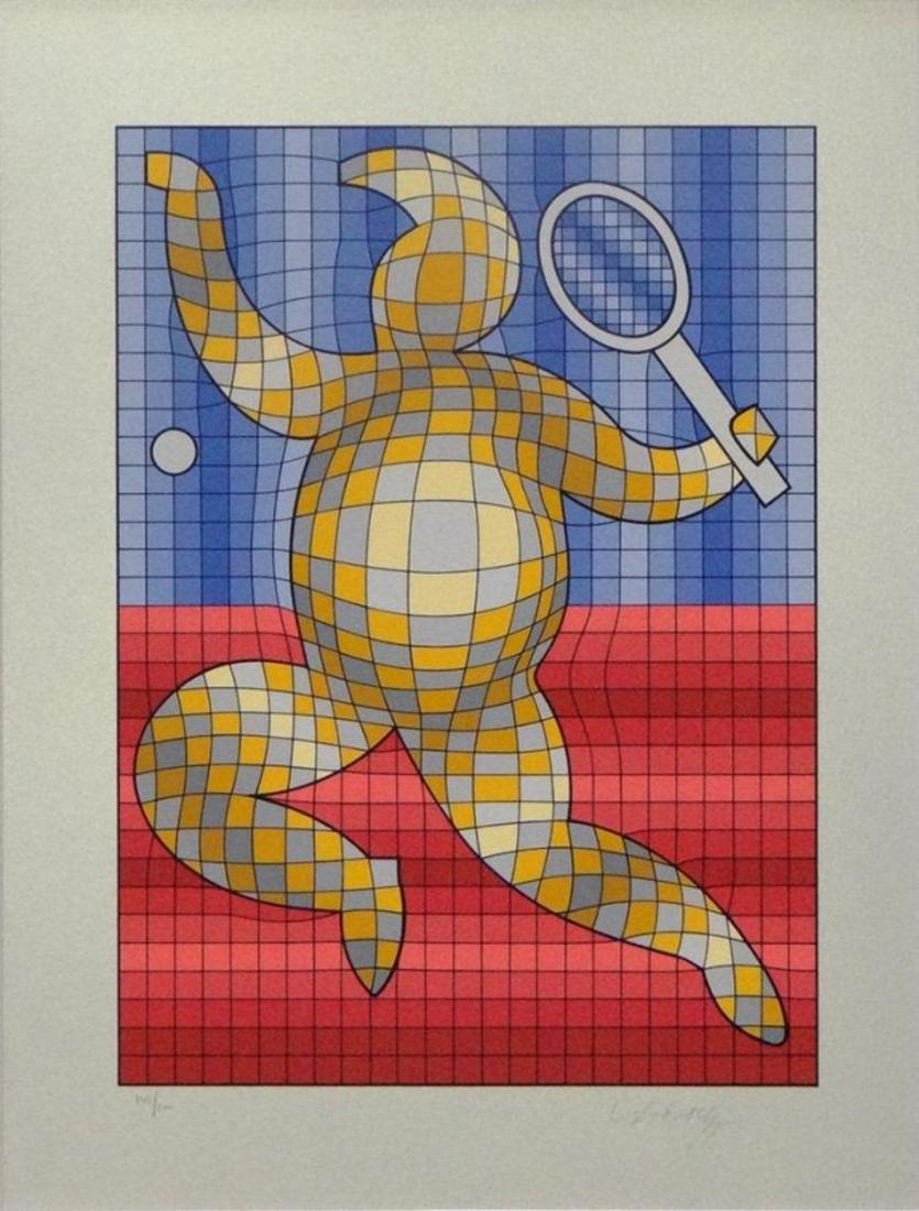 Victor Vasarely "THE TENNIS PLAYER" Serigraph: Artist: Victor Vasarely. Title: "THE TENNIS PLAYER". Medium: Serigraph. Size: approx. 18x14". Edition of 300. Hand Signed and Numbered.