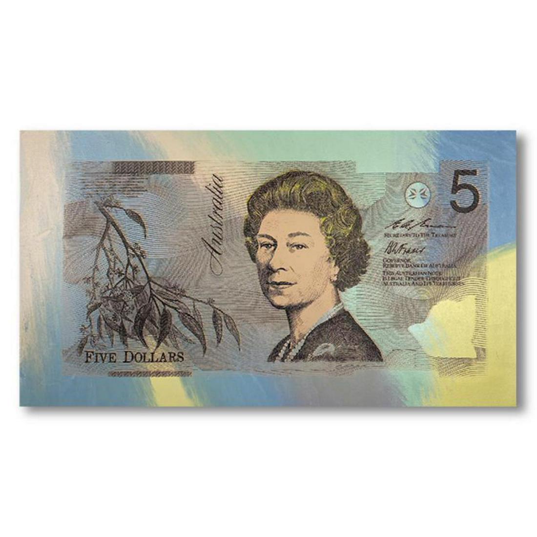 Steve Kaufman (1960-2010), "Australia Money" Hand: "Australia Money" is a limited edition hand pulled silkscreen mixed media on canvas by Andy Warhol protege Steve Kaufman (1960-2010). This piece is numbered and 8/50 and hand signed inverso. Includes 