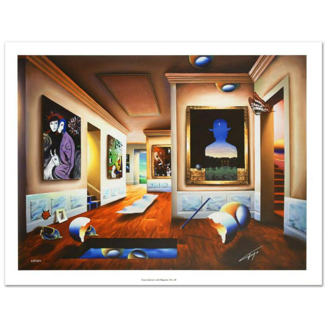 "Interior with Magritte" Limited Edition Giclee on: "Interior with Magritte" is a limited edition giclee on canvas, numbered and hand signed by Ferjo. Includes Certificate of Authenticity! Measures approx. 40" x 30" (image). Reference #: 205411.