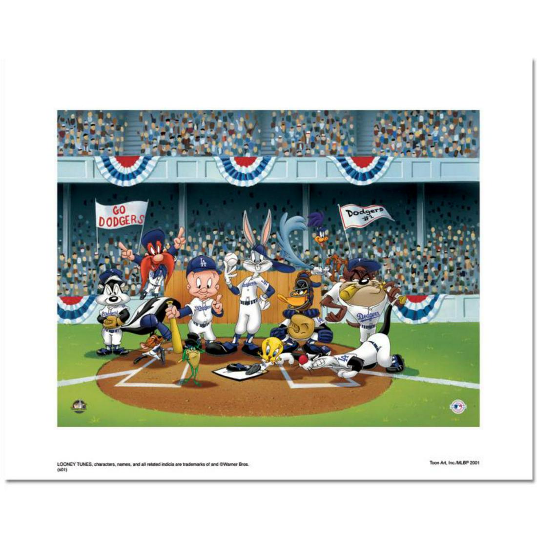 "Line Up At The Plate (Dodgers)" is a Limited Edition: "Line Up at the Plate (Dodgers)" is a limited edition giclee on paper from Warner Brothers featuring iconic Looney Tunes characters in Los Angeles Dodgers MLB uniforms. It comes numbered, with hologra