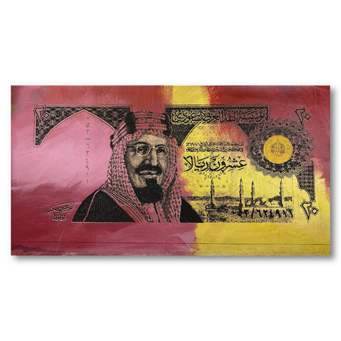 Steve Kaufman (1960-2010), "Saudi Arabia Banknotes": " Saudi Arabia Banknotes" is a limited edition hand pulled silkscreen mixed media on canvas by Andy Warhol protege Steve Kaufman (1960-2010). This piece is numbered and 43/50 and hand signed inverso. 