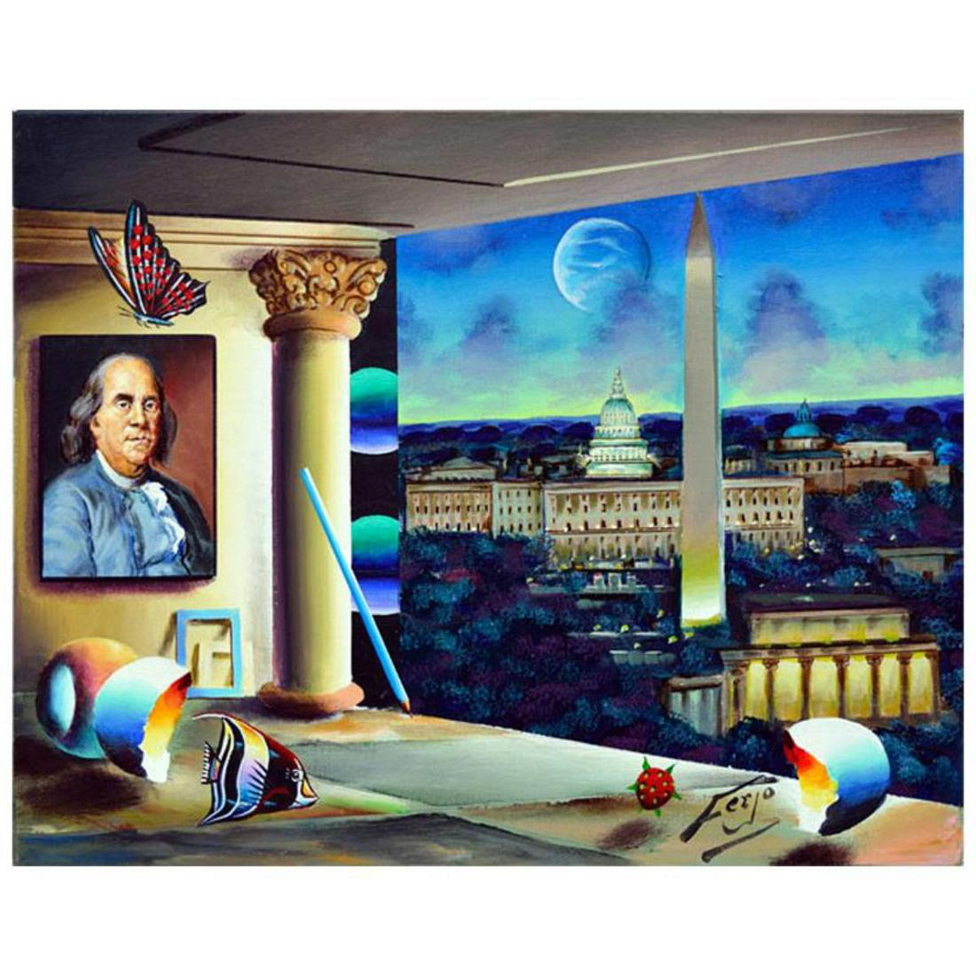 Ferjo, "Ben Franklin" Original Painting on Canvas, Hand: "Ben Franklin" is an original painting, oil on stretched canvas, by Ferjo. Hand signed by the artist, this piece comes with a letter of authenticity. Measures approx. 16" x 20" (image). Reference #: 2