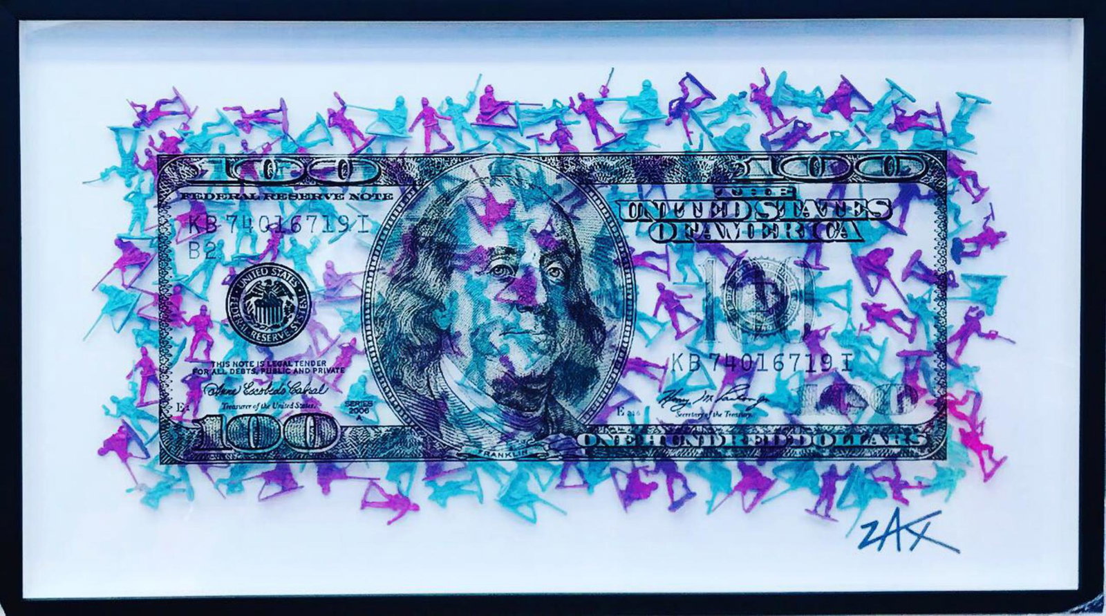 E.M. ZAX "$100" Hand painted sculpture: Original one of a kind hand painted 3D wall sculpture. 24x34 inches framed. Hand signed.
