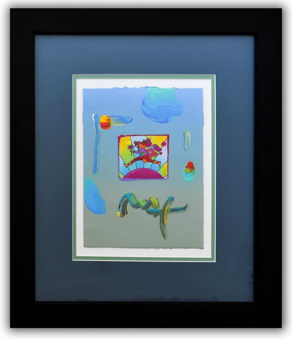 Peter Max- Original Mixed Media "Flower Jumper Over: Artist: Peter Max. Medium: Original Mixed Media. Title: Flower Jumper Over Sunrise Ver. I #110. Size (Unframed): 11" x 8.5". Size (Framed): 22" x 20". Certificate of Authenticity: From Peter Max Studi