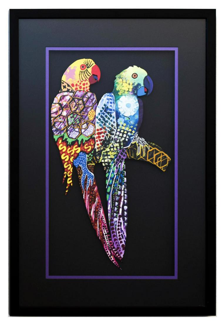 Patricia Govezensky- Original Painting on Laser Cut: Artist: Patricia Govezensky. Medium: Original Painting on Laser Cut Steel. Title: Two Parrots VIII. Size (Unframed): 18.1" x 10". Size (Framed): 25" x 17". Certificate of Authenticity: From the publis
