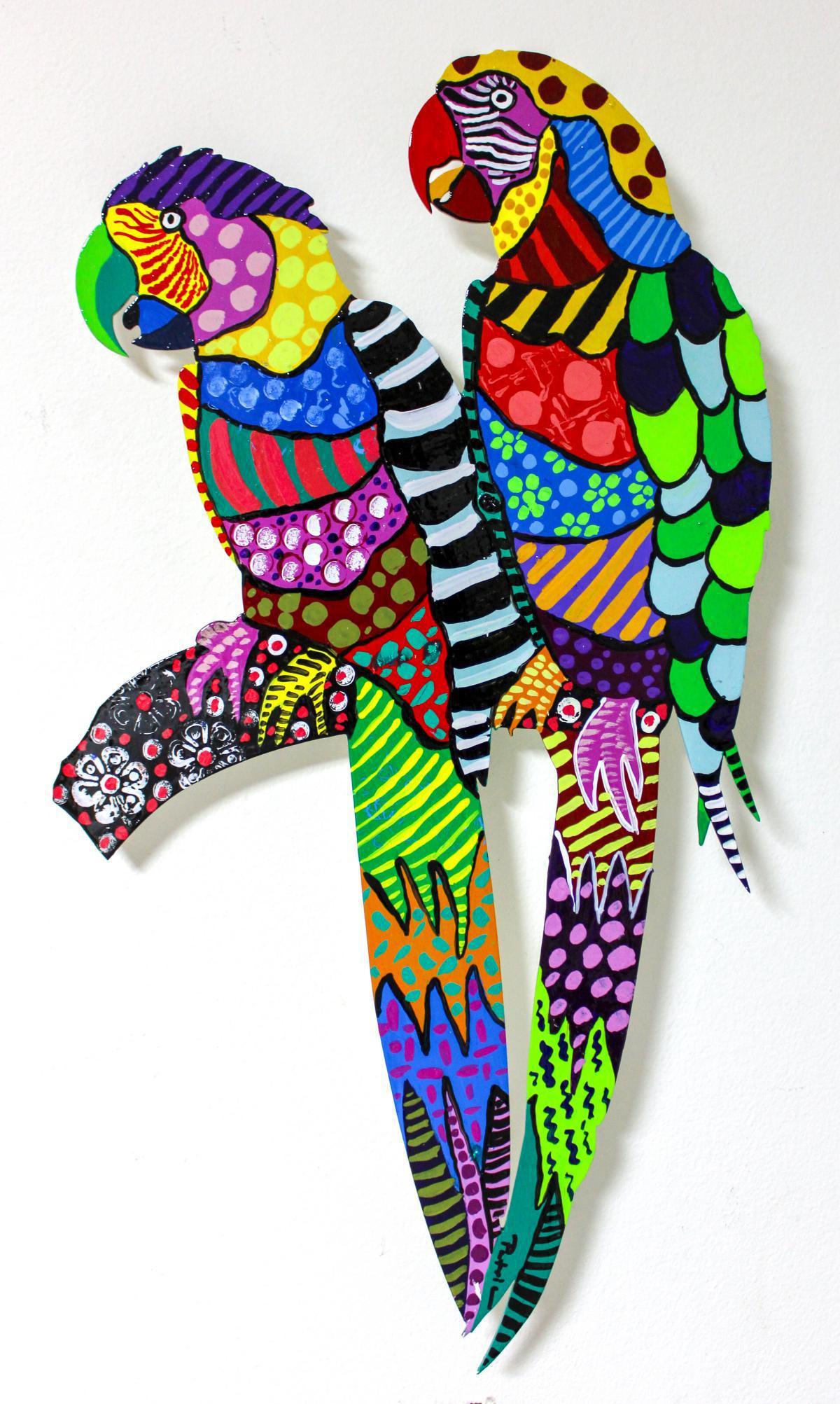 Patricia Govezensky- Original Painting on Laser Cut: Artist: Patricia Govezensky. Medium: Original Painting on Laser Cut Steel. Title: Two Parrots IIII. Size (Unframed): 18" x 10". Certificate of Authenticity: From the publisher. Reference# 11720.