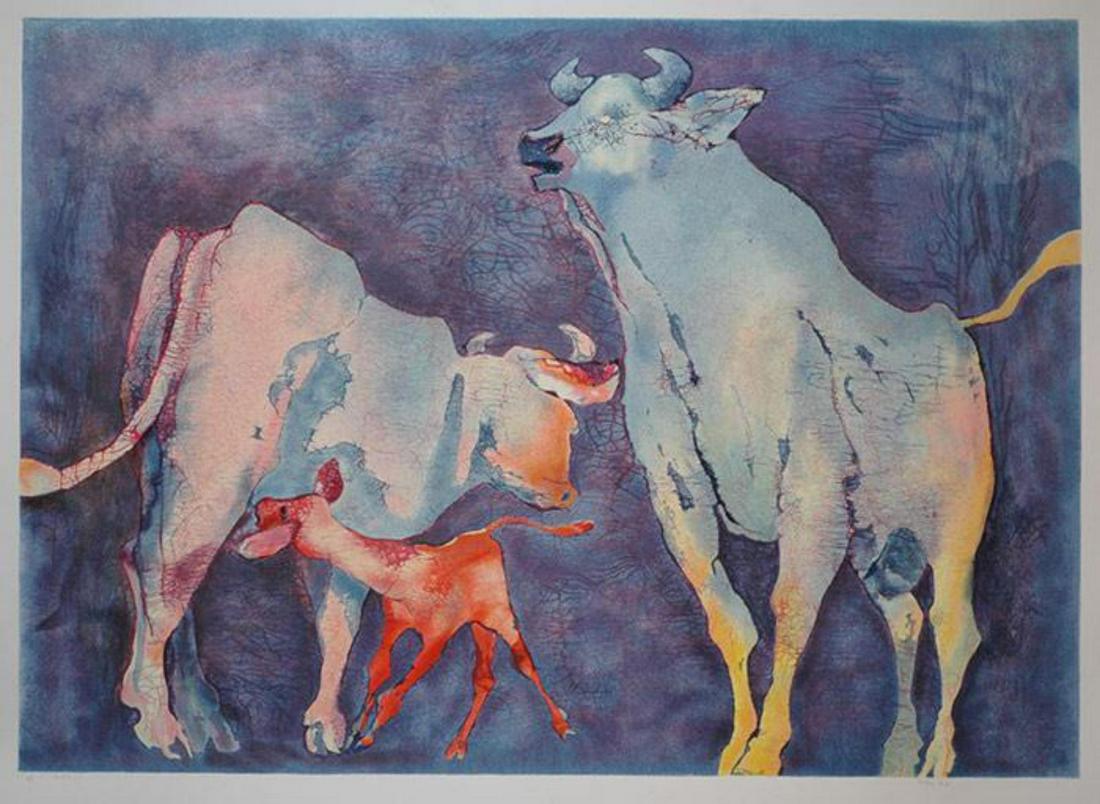 Edwin Salomon- Original Serigraph "bull family": Artist: Edwin Salomon. Medium: Original Serigraph. Title: bull family. Size (Unframed): 29.5" x 41". Certificate of Authenticity: From the publisher.