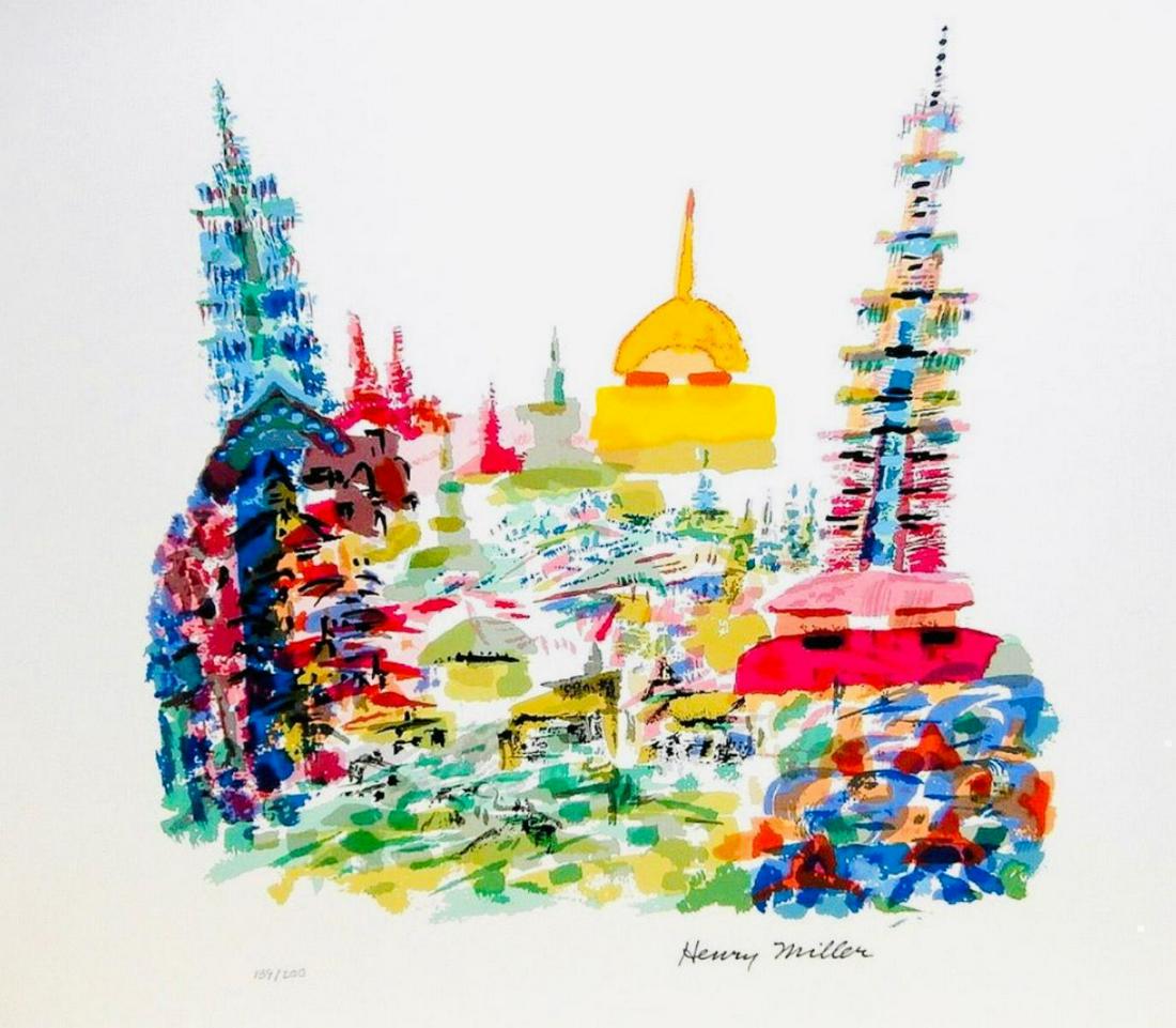 Henry Miller Hand signed and numbered lithograph on: Artist: Henry Miller. Medium: Hand signed and numbered lithograph on paper. Size: 28x20".