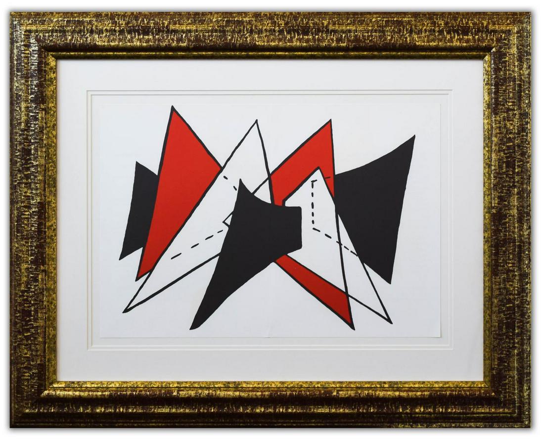 Alexander Calder- Lithograph "DLM141 - Triangles: Artist: Alexander Calder. Medium: Lithograph. Title: DLM141 - Triangles rouges. Size (Unframed): 15" x 22". Size (Framed): 16" x 23". Certificate of Authenticity: Is included. Additional: Year : 1963.