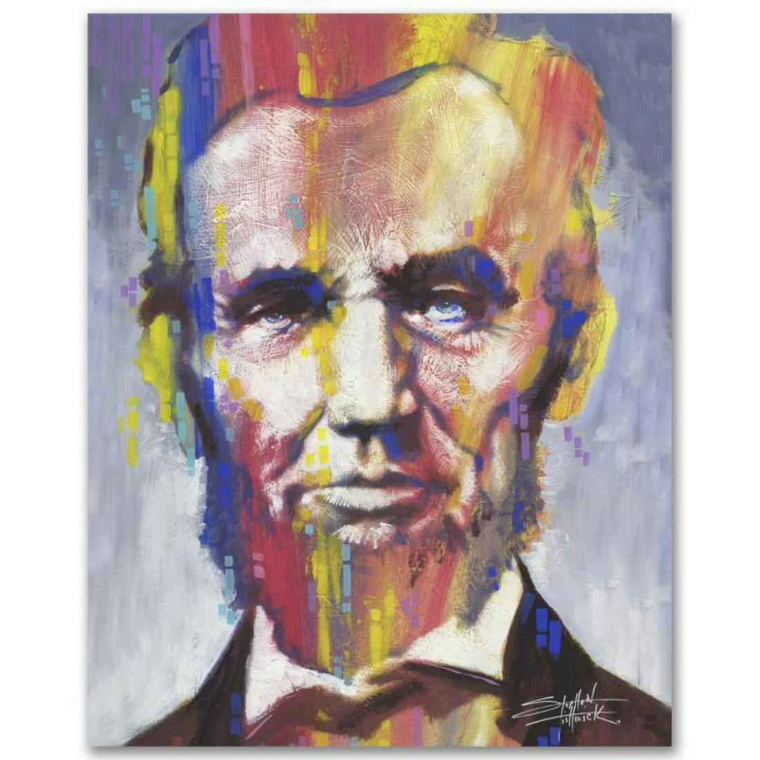 "Abe" Limited Edition Giclee on Canvas by Stephen: With bright colors and expressive lines, Stephen Fishwick puts a unique spin on pop culture portraits. "Abe" is a limited edition giclee on stretched canvas, numbered and bears the artist's authorized