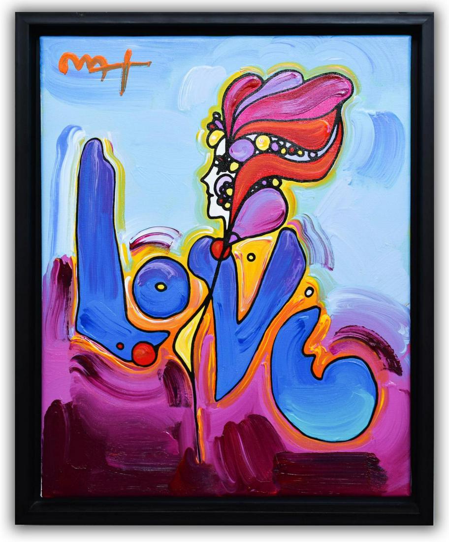 Peter Max- Original Mixed Media Acrylic Painting on: Artist: Peter Max. Medium: Original Mixed Media Acrylic Painting on Canvas. Title: Love. Size (Unframed): 20" x 16". Size (Framed): 22" x 18". Certificate of Authenticity: From Peter Max Studio. Addit
