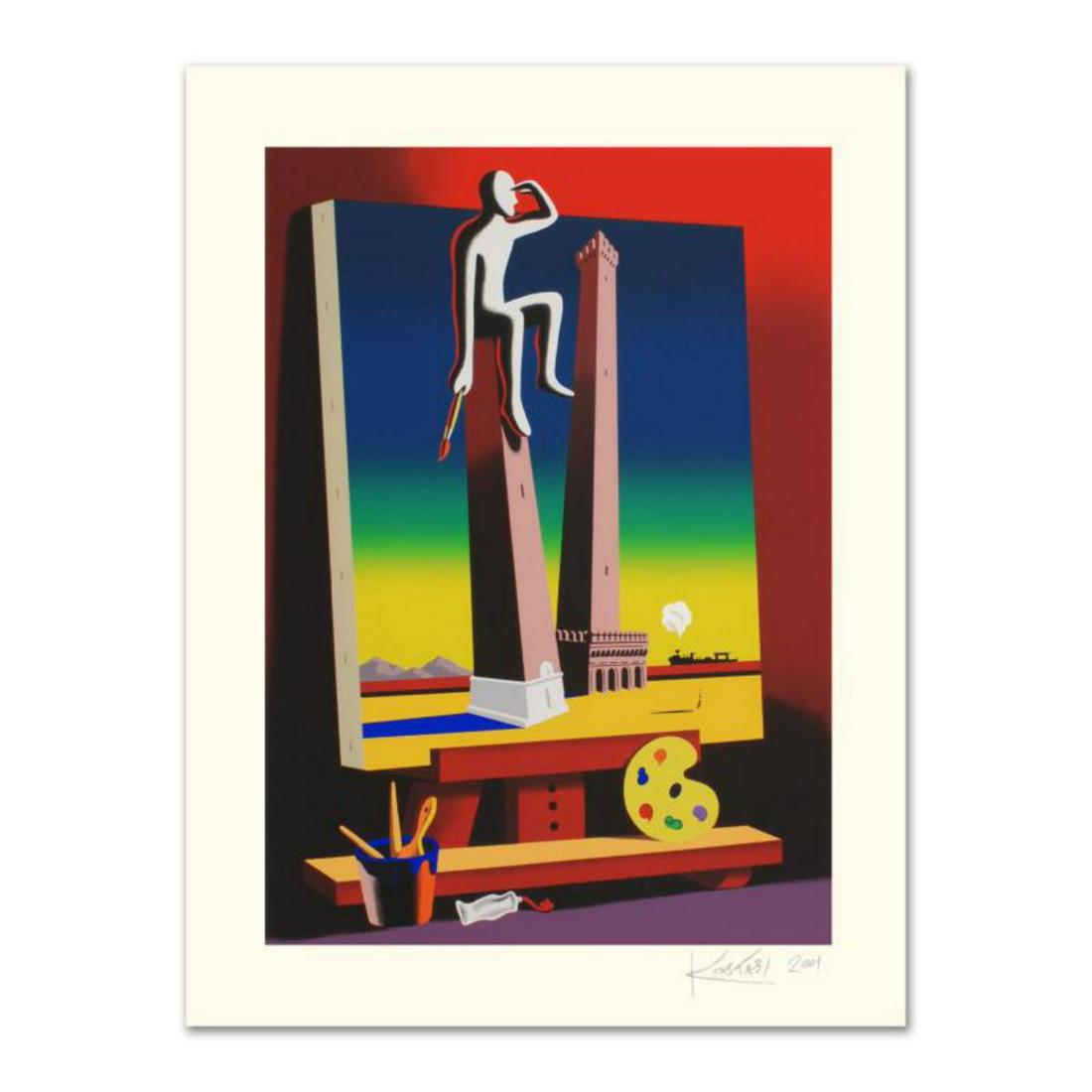 Mark Kostabi, "Loophole With A View" Limited Edition: "Loophole With A View" is a limited edition serigraph on paper, numbered and hand signed by Kostabi. Includes Certificate of Authenticity! Measures approx. 27.5" x 35.5" (with border), 21.5" x 29.5" (