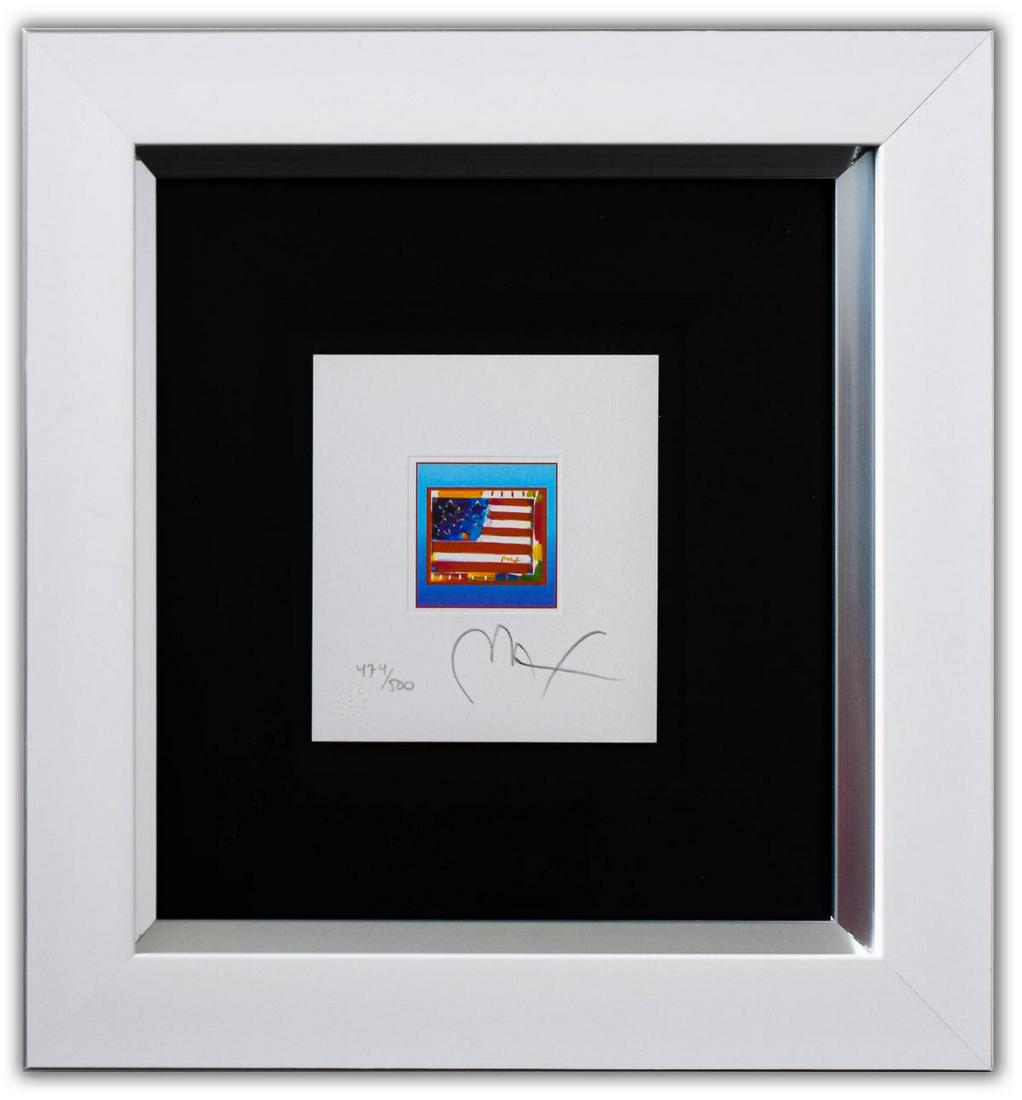 Peter Max- Original Lithograph "Flag with Heart on Blue: Artist: Peter Max. Medium: Original Lithograph. Title: Flag with Heart on Blue (Mini). Size (Unframed): 5" x 4.5". Size (Framed): 13" x 12.5". Limited Edition: Numbered 474/500. Certificate of Authent