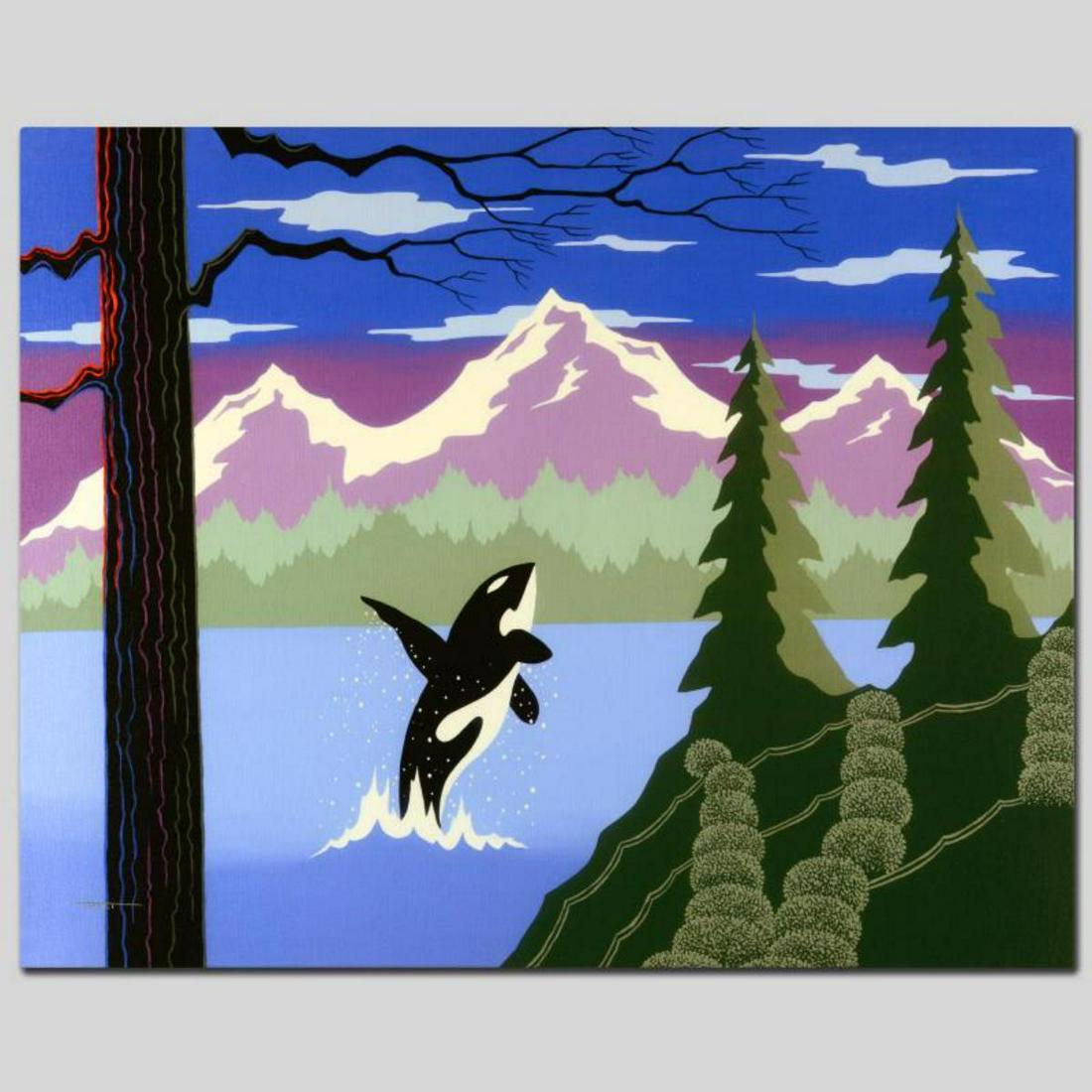 "Orca" Limited Edition Giclee on Canvas by Larissa: Larissa Holt, a student of distinguished artist Eyvind Earle (1916-2000), uses bold colors and breathtaking scenery to create images of Nature in her own unique style. "Orca" is a limited edition gicl