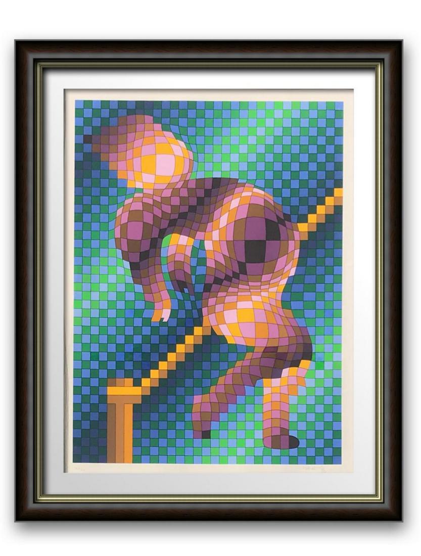 Victor Vasarely "High Jumper (both framed)" screenprint: Artist: Victor Vasarely. Title: "High Jumper (both framed)". Medium: screenprint. Size: 40x30". Framed Size: 44x34".