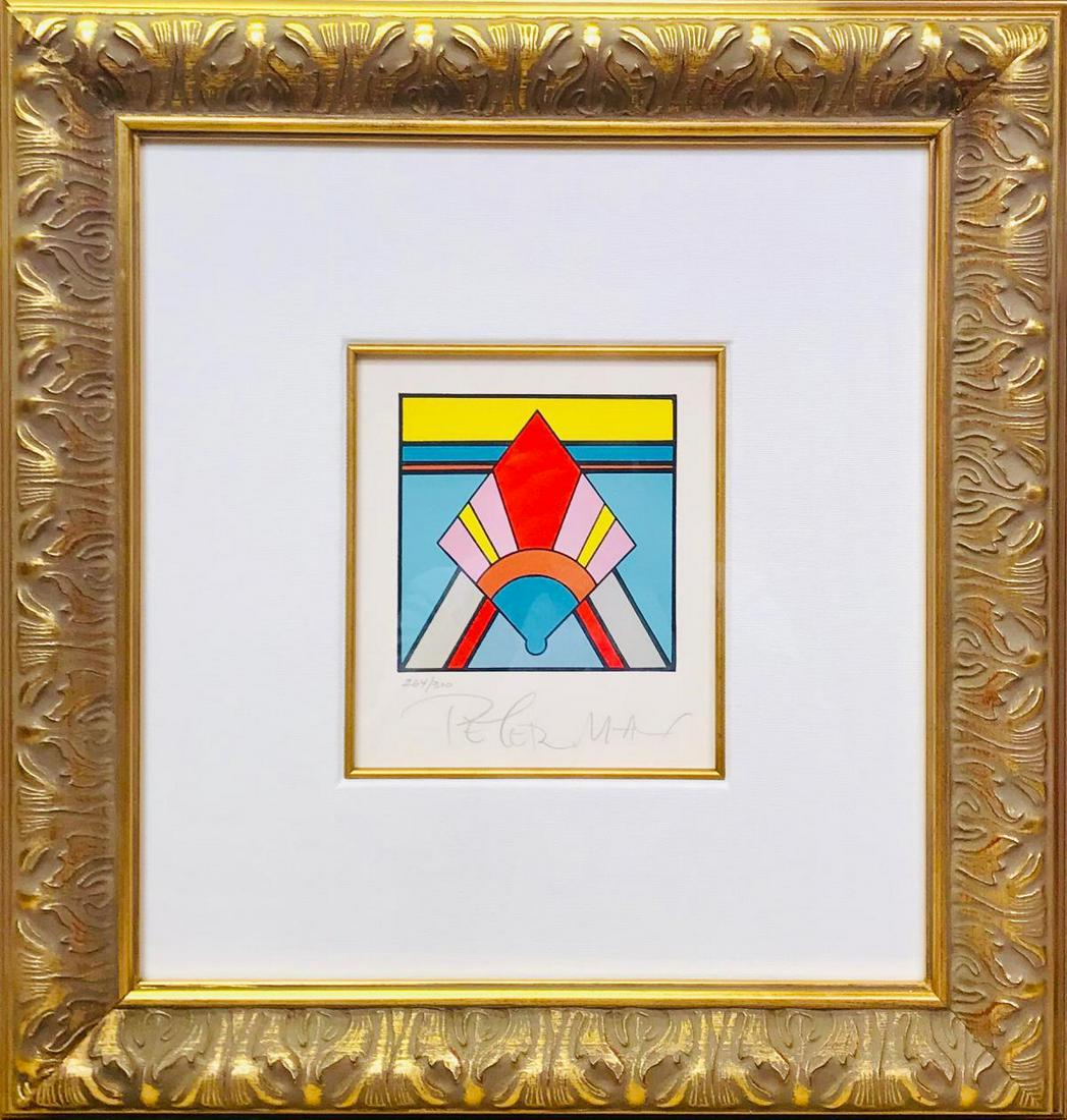 Peter Max Geometric Shape Vintage original serigraph on: Peter Max. Geometric Shape. Vintage original serigraph on paper. Hand signed and numbered. Publisher : Circle Fine Art. Framed size 21x22 inches