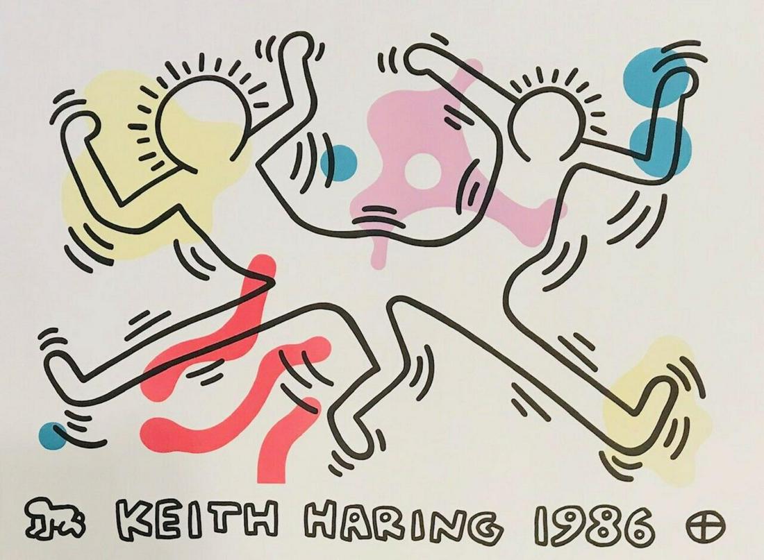 KEITH HARING "DANCING FIGURES" ORIGINAL LITHOGRAPH ON: ARTIST: KEITH HARING. TITLE: DANCING FIGURES. MEDIUM: ORIGINAL LITHOGRAPH ON PAPER. SIZE: 24" X 36" INCHES. YEAR: 1986