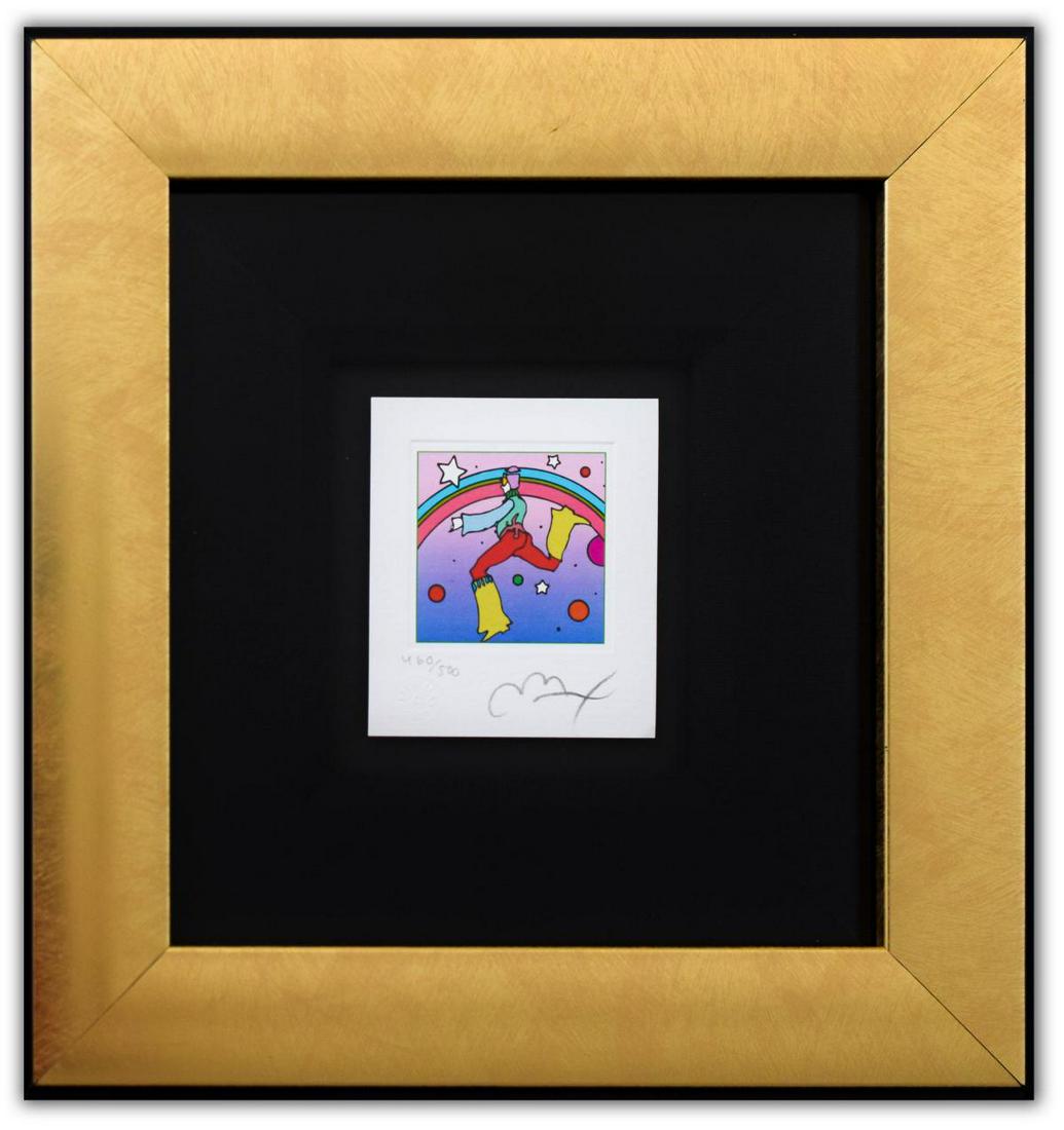 Peter Max- Original Lithograph "Cosmic Jumper Detail I: Artist: Peter Max. Medium: Original Lithograph. Title: Cosmic Jumper Detail I (Mini). Size (Unframed): 3.5" x 3". Size (Framed): 11" x 10.5". Limited Edition: Numbered 460/500. Certificate of Authenti