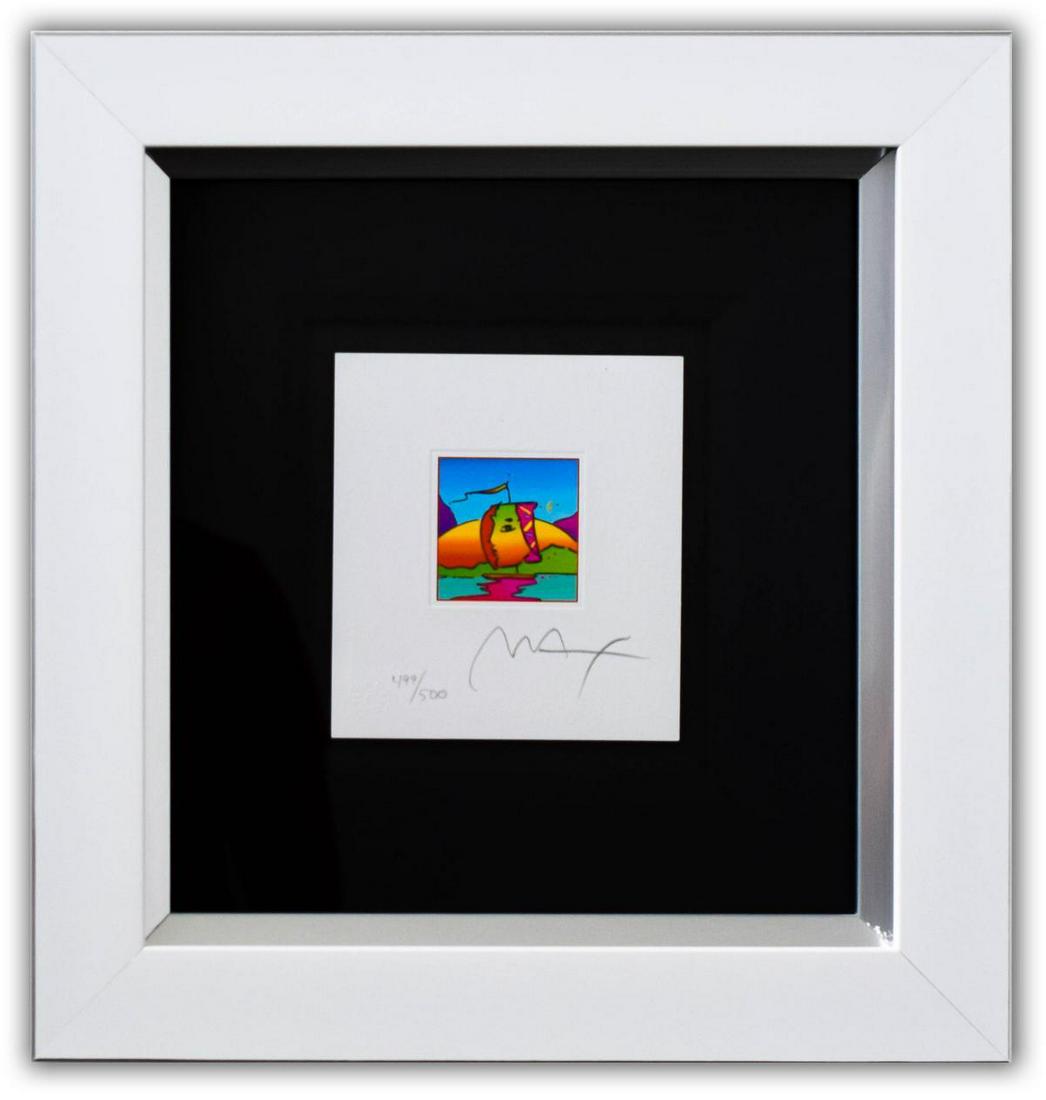Peter Max- Original Lithograph "Sail Profile (mini)": Artist: Peter Max. Medium: Original Lithograph. Title: Sail Profile (mini). Size (Unframed): 5" x 4.5". Size (Framed): 13" x 12.5". Limited Edition: Numbered 499/500. Certificate of Authenticity: From