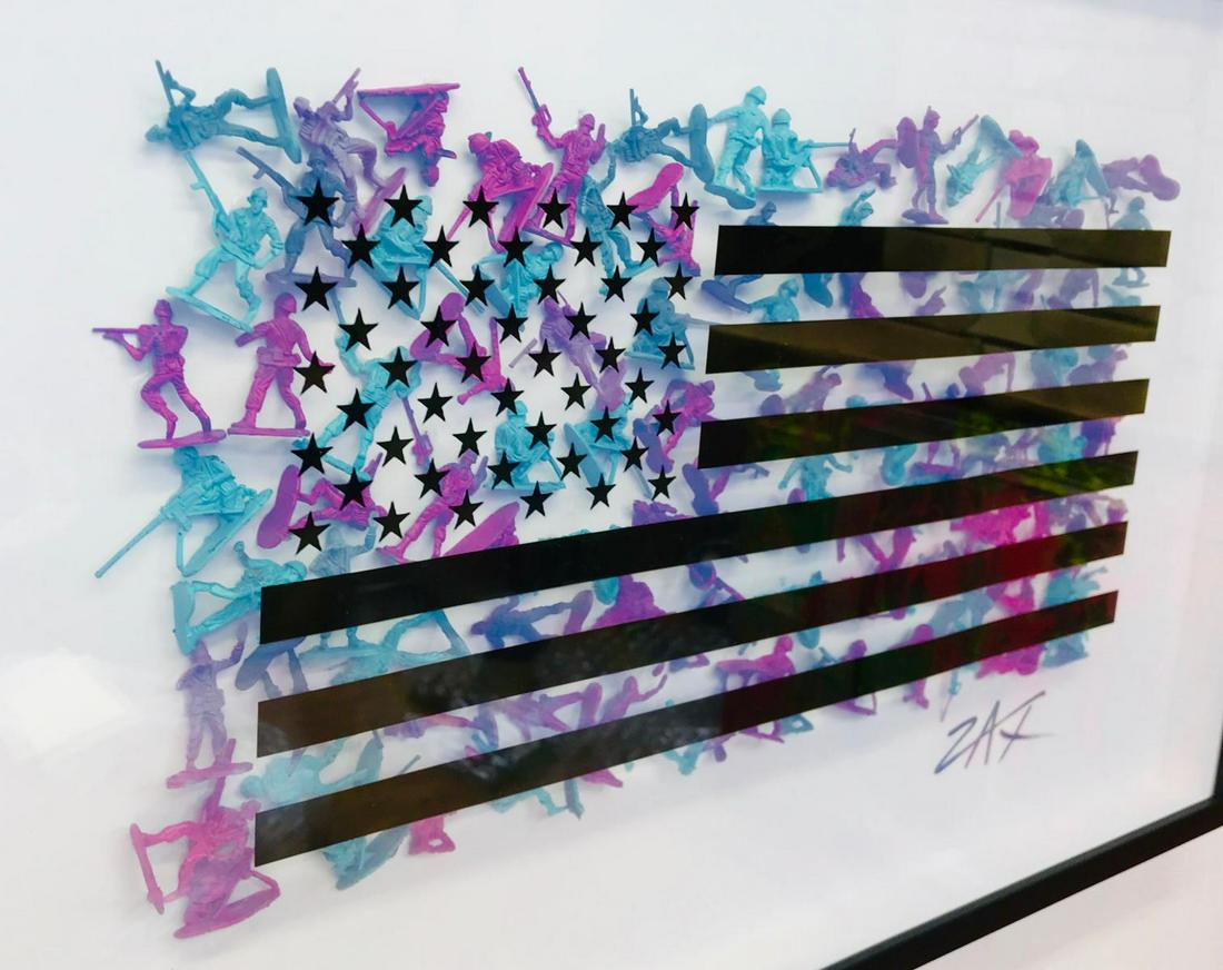 E.M. ZAX "Flag" Hand painted sculpture: E.M. ZAX "Flag". Original one of a kind hand painted 3d wall sculpture.Measures 24x18x2 inches . Hand signed by the artist. COA included.