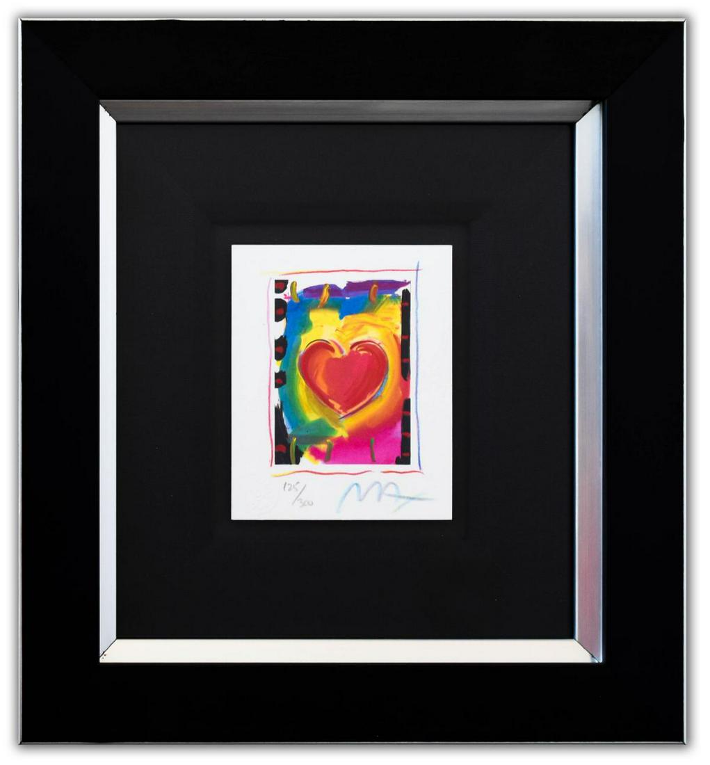Peter Max- Original Lithograph "Heart Series I": Artist: Peter Max. Medium: Original Lithograph. Title: Heart Series I. Size (Unframed): 5" x 4". Size (Framed): 13.5" x 12". Limited Edition: Numbered 125/300. Certificate of Authenticity: From Peter