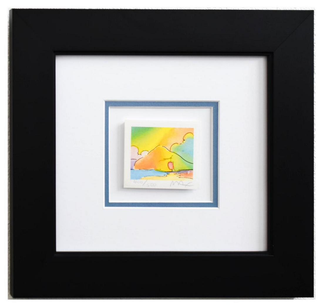 Peter Max- Original Lithograph "Sailboat And Mountain: Artist: Peter Max. Medium: Original Lithograph. Title: Sailboat And Mountain View (Mini Series). Size (Unframed): 2.5" x 3". Size (Framed): 11.5" x 12.5". Limited Edition: Numbered 400/500. Certificat