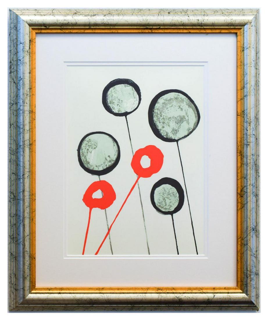 Alexander Calder- Lithograph "DLM156 - Ballons": Artist: Alexander Calder. Medium: Lithograph. Title: DLM156 - Ballons. Size (Unframed): 15" x 11". Size (Framed): 23.5" x 19". Certificate of Authenticity: Is included. Additional: Year : 1966. Refere