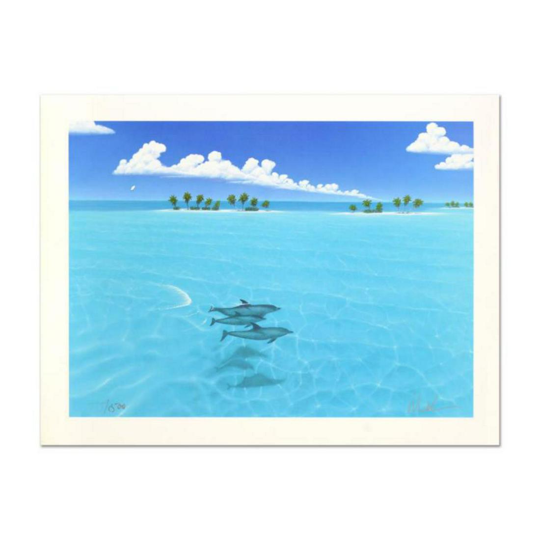 Dan Mackin, "Dolphin Trio" Limited Edition Lithograph,: "Dolphin Trio" is a limited edition lithograph on paper by Dan Mackin, numbered and hand signed by the artist. Includes Letter of Authenticity. Measures approx. 16" x 12" (border), 14" x 10" (image). 