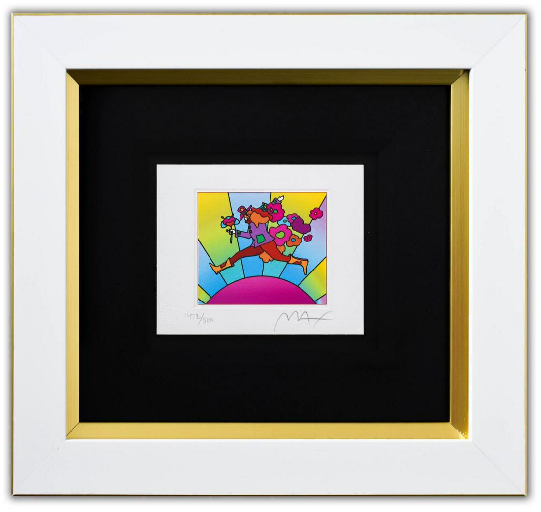 Peter Max- Original Lithograph "Flower Jumper Over: Artist: Peter Max. Medium: Original Lithograph. Title: Flower Jumper Over Sunrise Ver. I (Mini). Size (Unframed): 4.5" x 5.5". Size (Framed): 13" x 13.5". Limited Edition: Numbered 472/500. Certificat